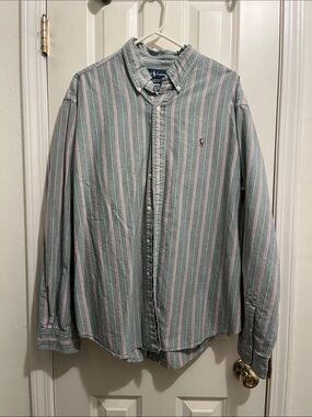 Polo by Ralph Lauren Sage Green Shirt with Pink & White Stripes